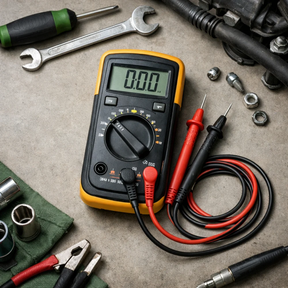 A digital multimeter with test leads on a plain surface