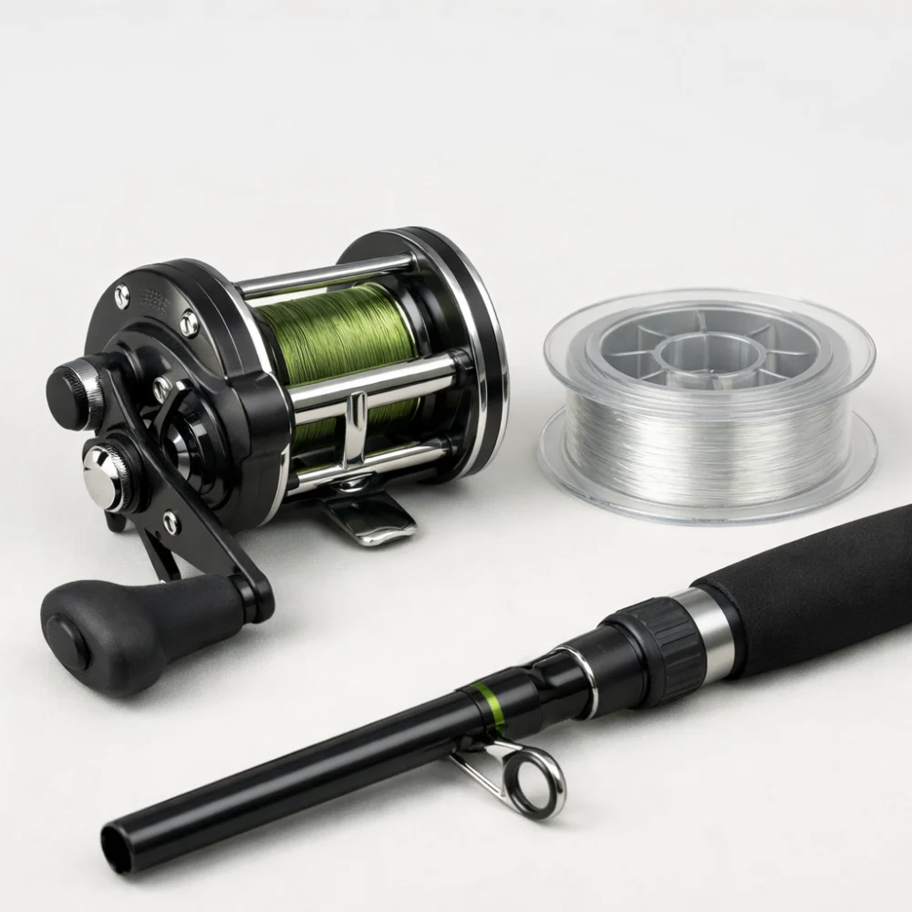 A generic multiplier fishing reel with fishing line on a neutral background.