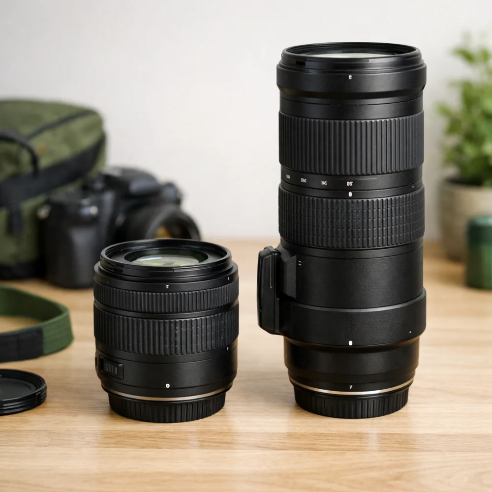 Two camera lenses side by side showing different lens lengths