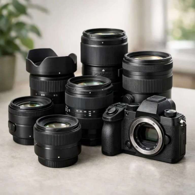 Interchangeable camera lenses arranged beside a camera body on a neutral background