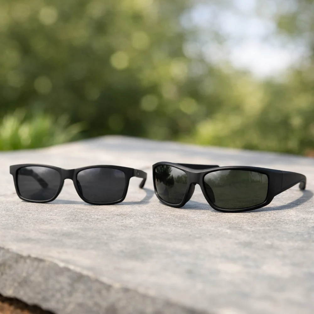 Two different sunglasses frame shapes shown side by side