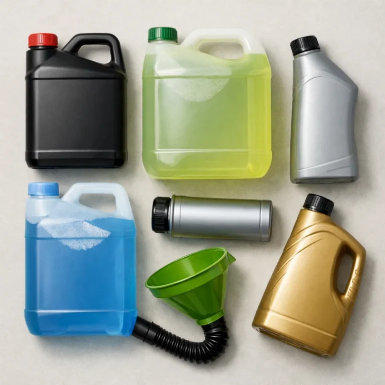 Generic vehicle oil and fluid containers arranged on a plain surface