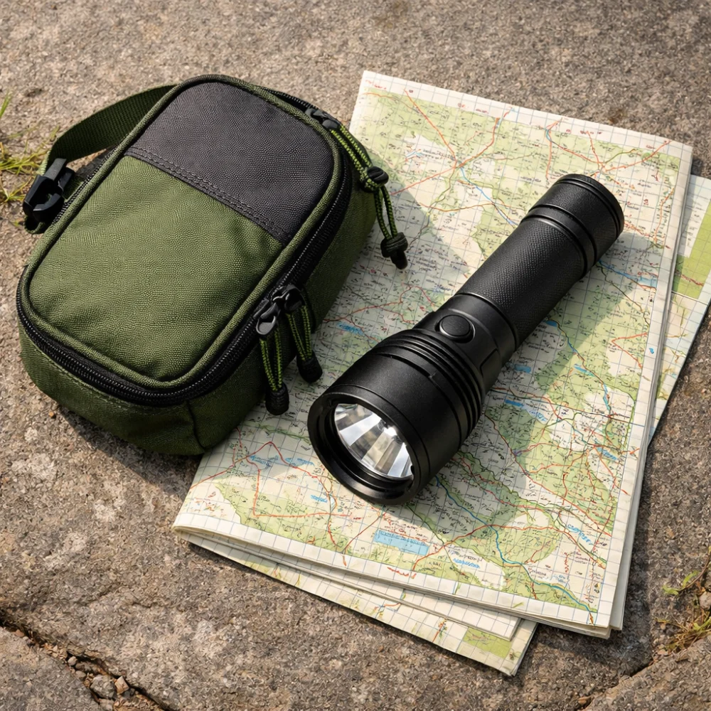 A generic torch with camping essentials on a neutral surface