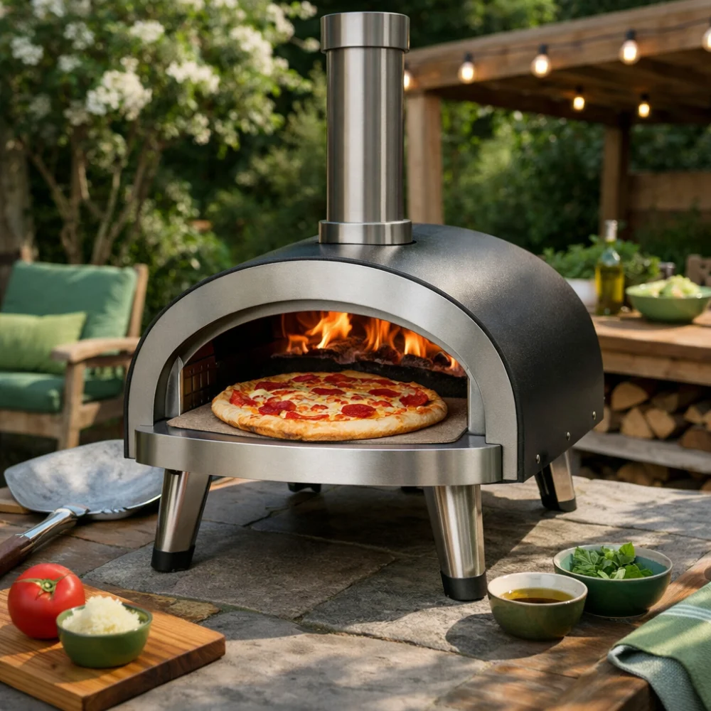 An outdoor pizza oven set on a patio in a garden setting.