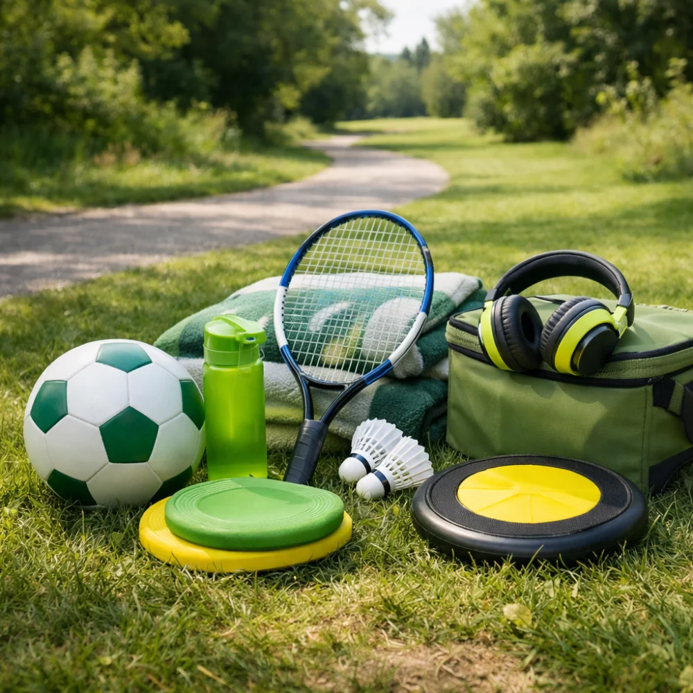Generic outdoor sports and leisure items arranged on grass in a park setting