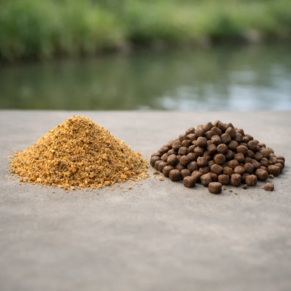 Side-by-side comparison of fine ground bait and fishing pellets.