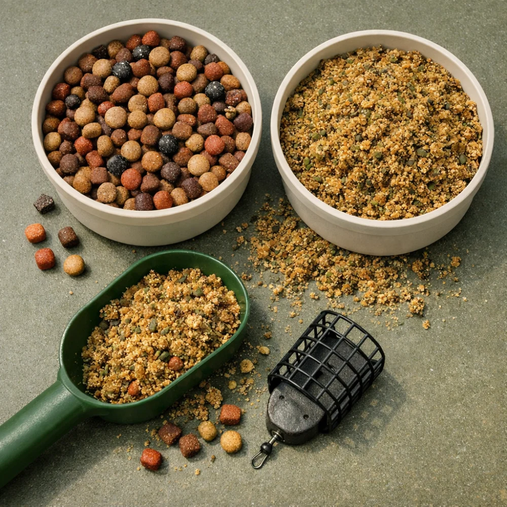 Mixed fishing pellets and ground bait with a feeder and scoop on a clean background.