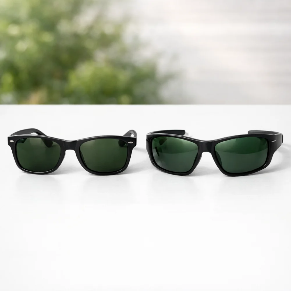 Two unbranded sunglasses frames side by side showing different shapes