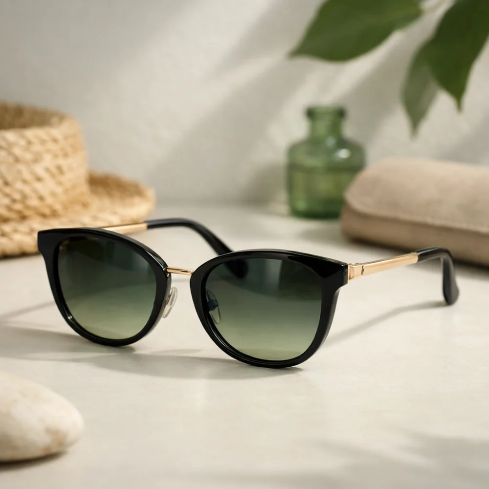 A pair of elegant sunglasses on a neutral surface in soft natural light