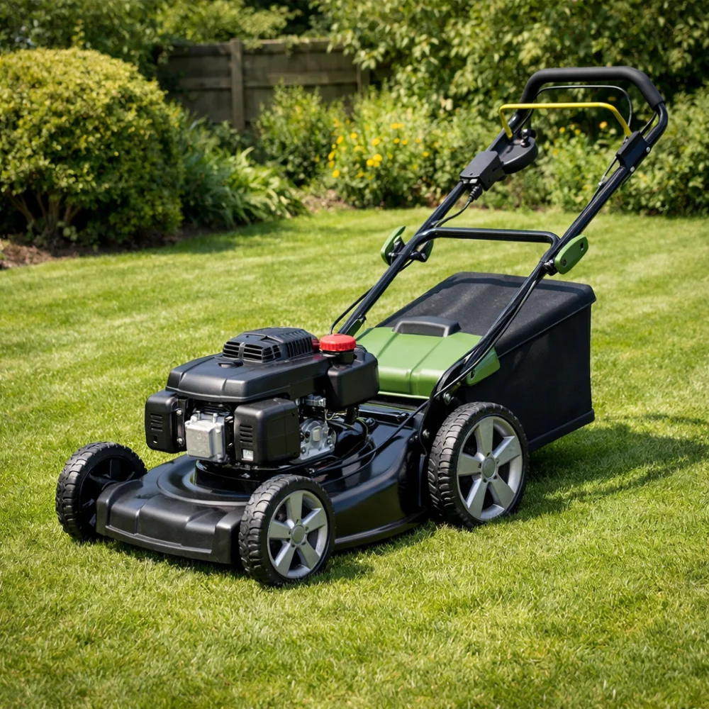 A petrol lawn mower standing on a garden lawn
