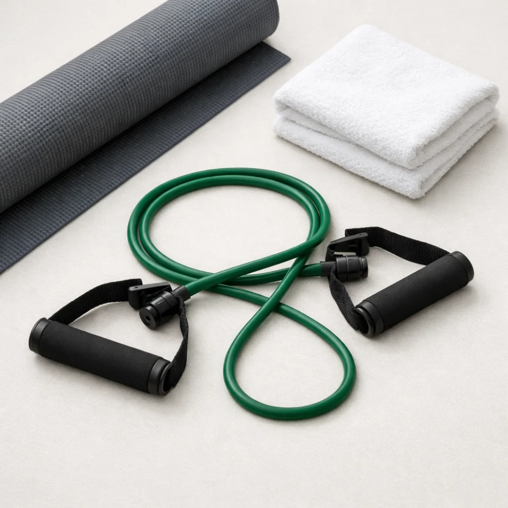 Pilates resistance band laid out on a mat with simple workout accessories