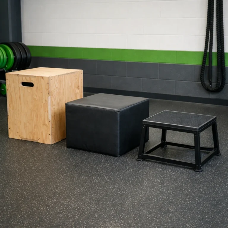 Three plyometric boxes arranged in a training space for comparison.