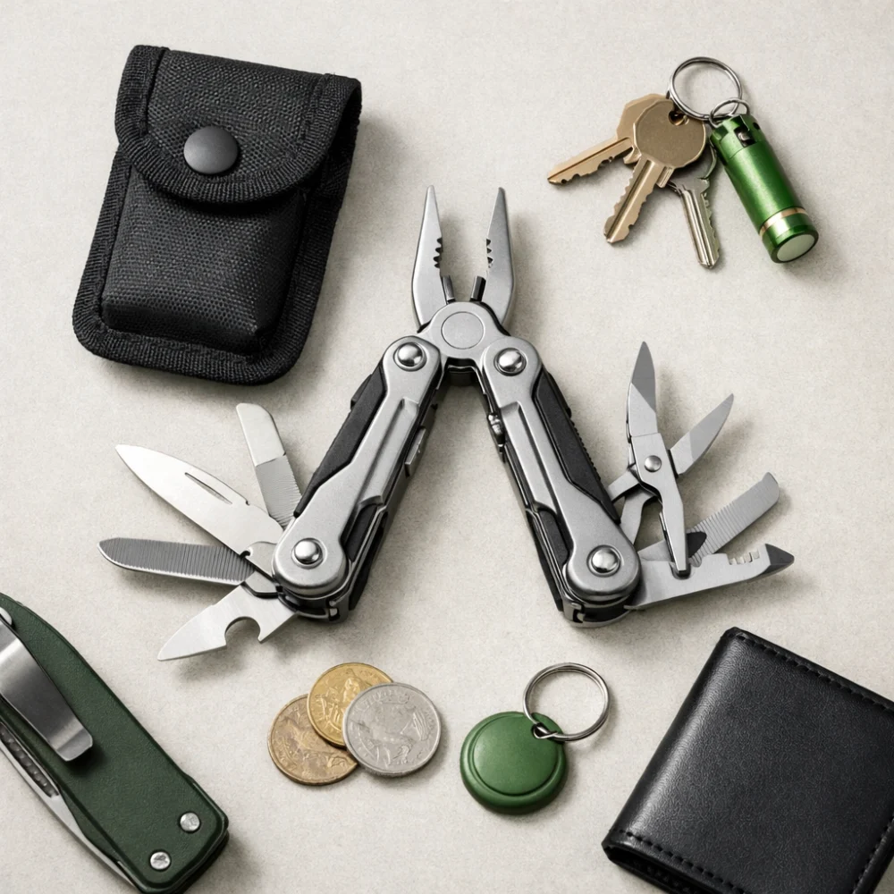 Compact pocket multi tool laid out on a neutral background