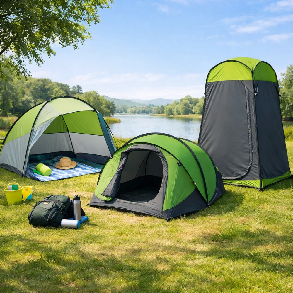 Three different pop up tent styles shown in a clean outdoor camping scene