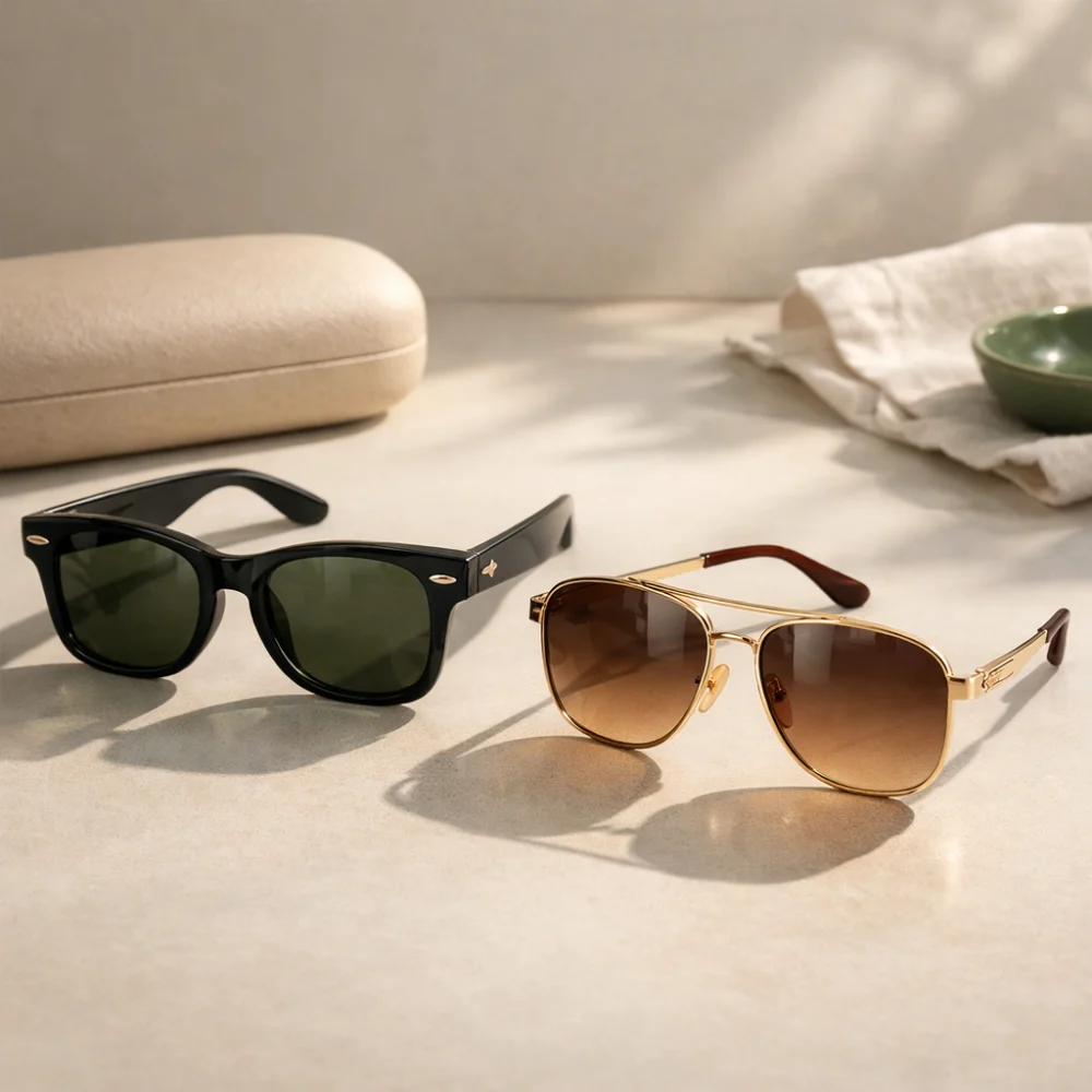 Designer sunglasses arranged on a neutral surface in soft light