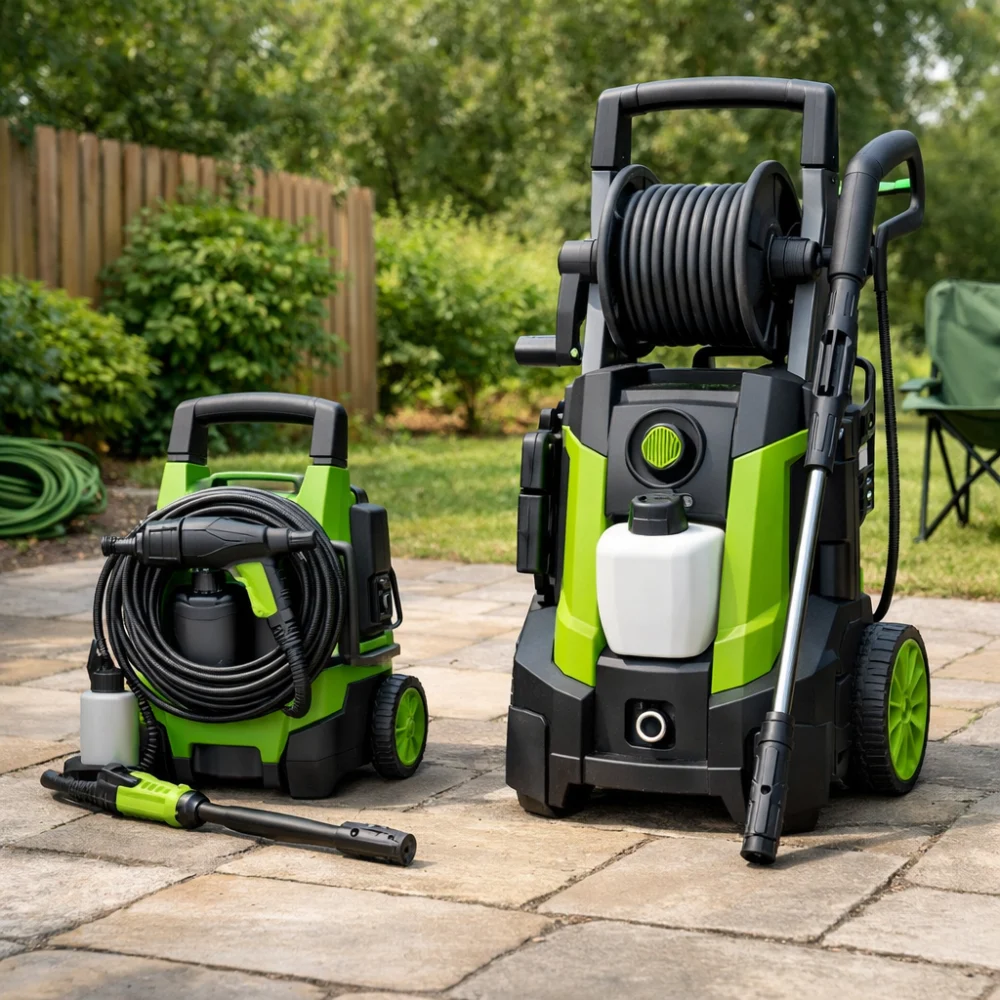 Two pressure washer styles shown side by side to compare compact and larger designs.