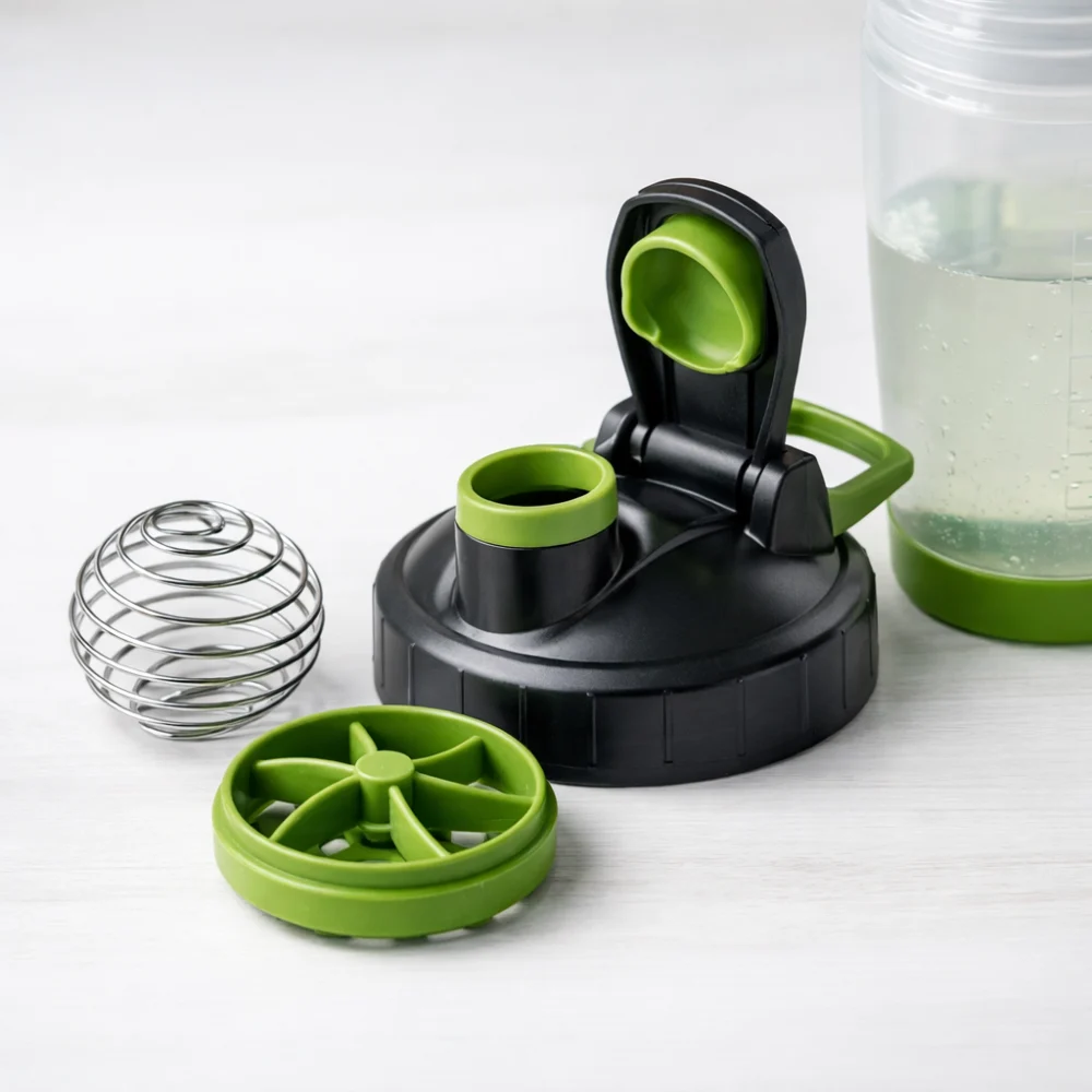 Close-up of a generic shaker bottle lid and mixing element