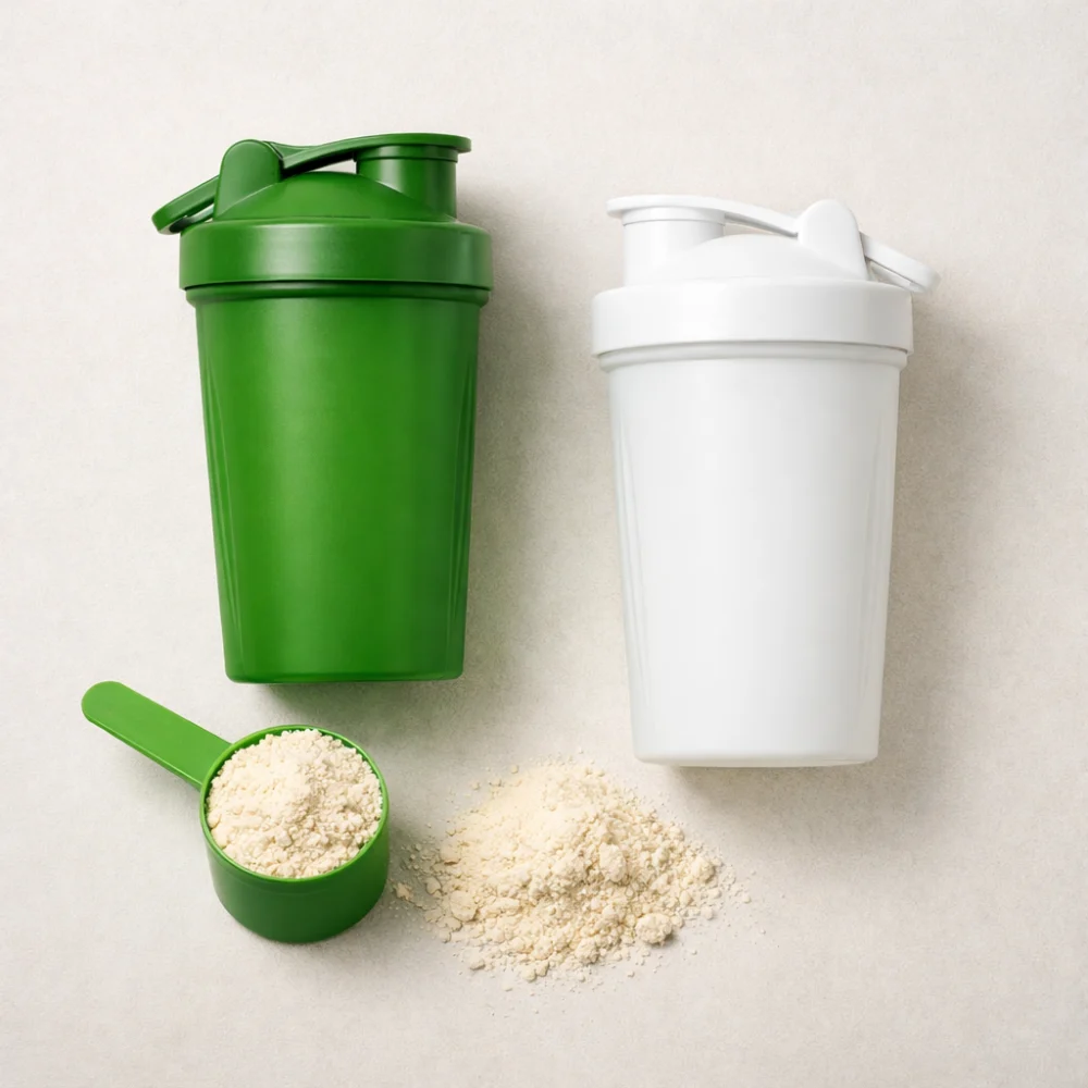 Two unbranded protein shaker bottles with a scoop and powder on a neutral background