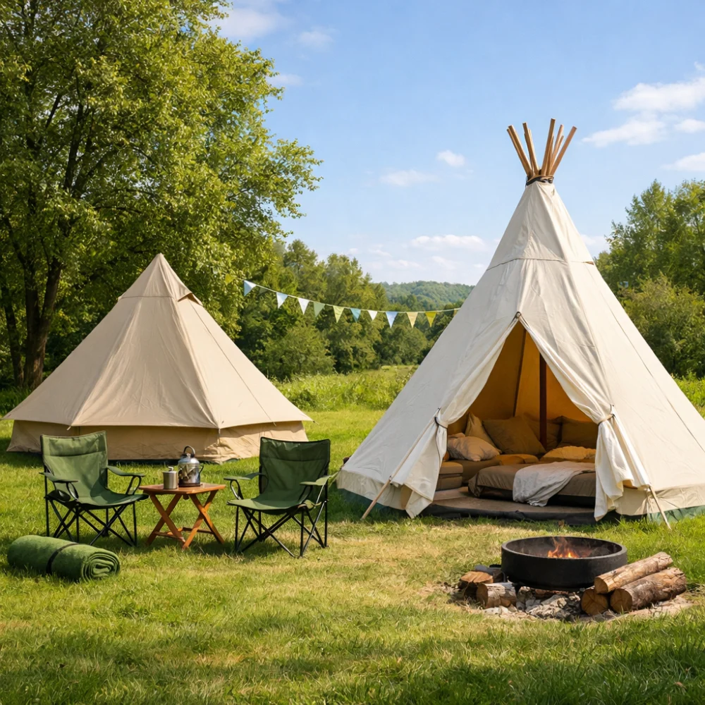 Two pyramid and teepee tents in a simple campsite scene, showing their tall central shape and open-feeling interior