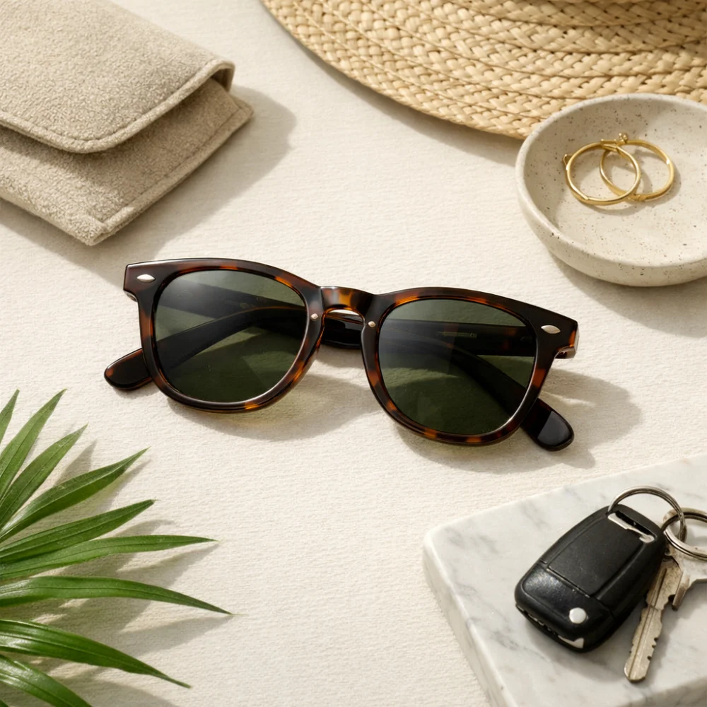 A pair of classic sunglasses on a plain background