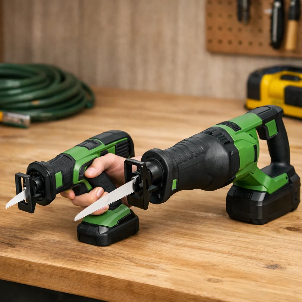 Two reciprocating saws shown side by side to compare compact and larger handling