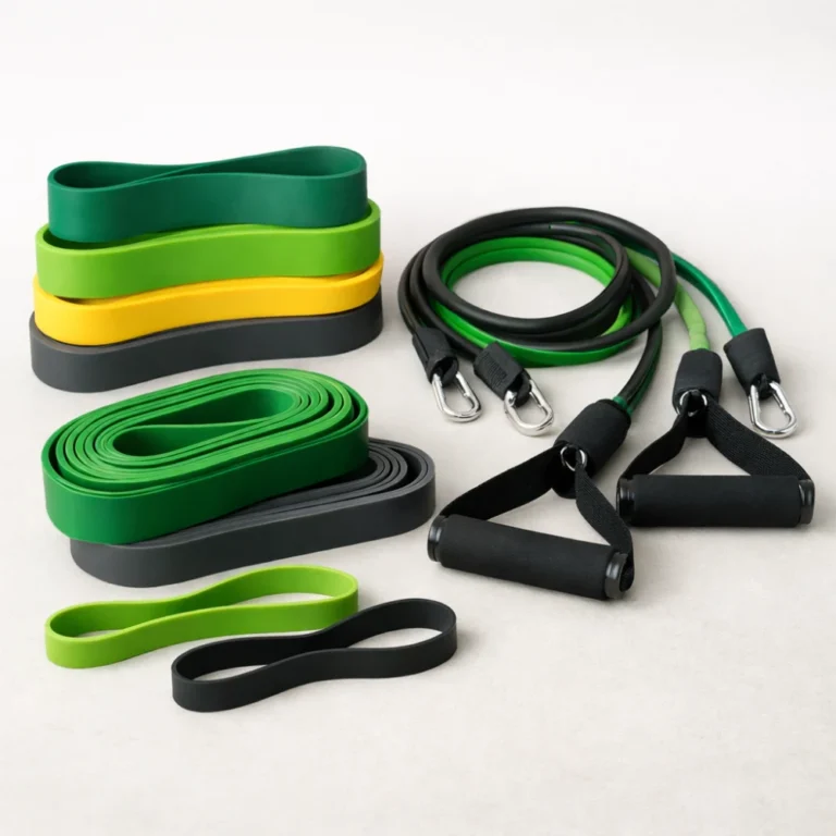 A selection of generic resistance bands laid out on a neutral background.