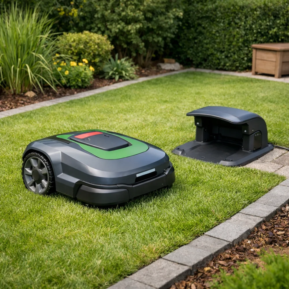A robot lawn mower on a tidy garden lawn near a charging base