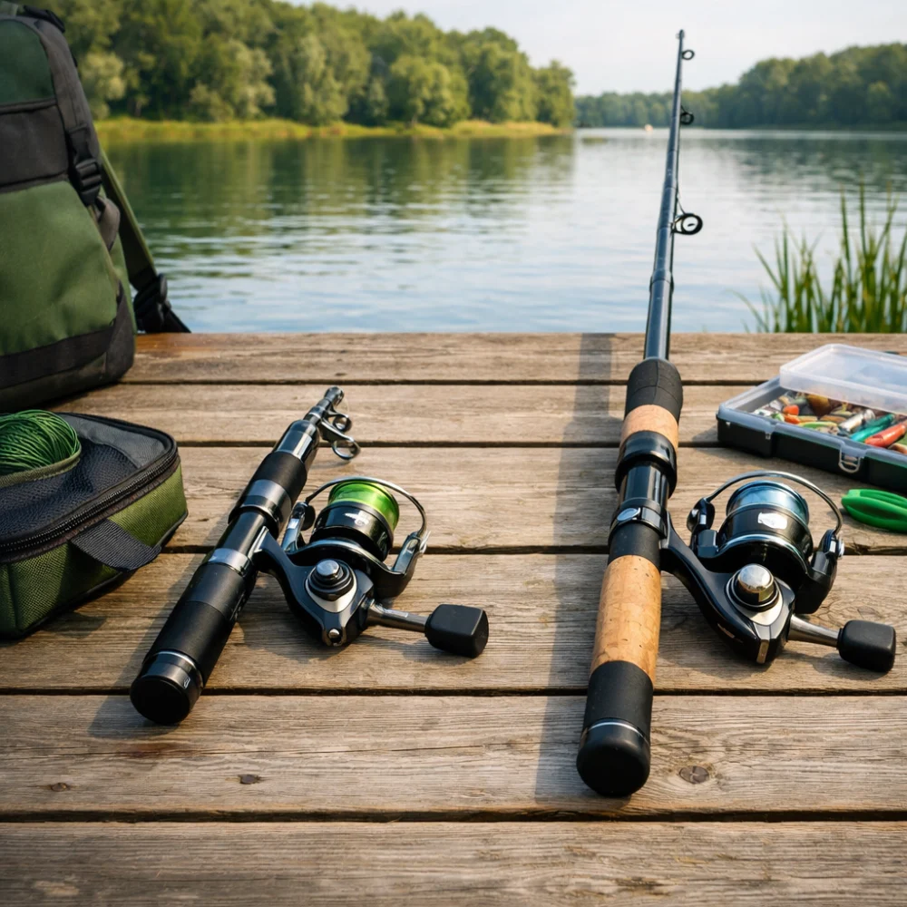 Two unbranded fishing rod and reel combos shown side by side for comparison