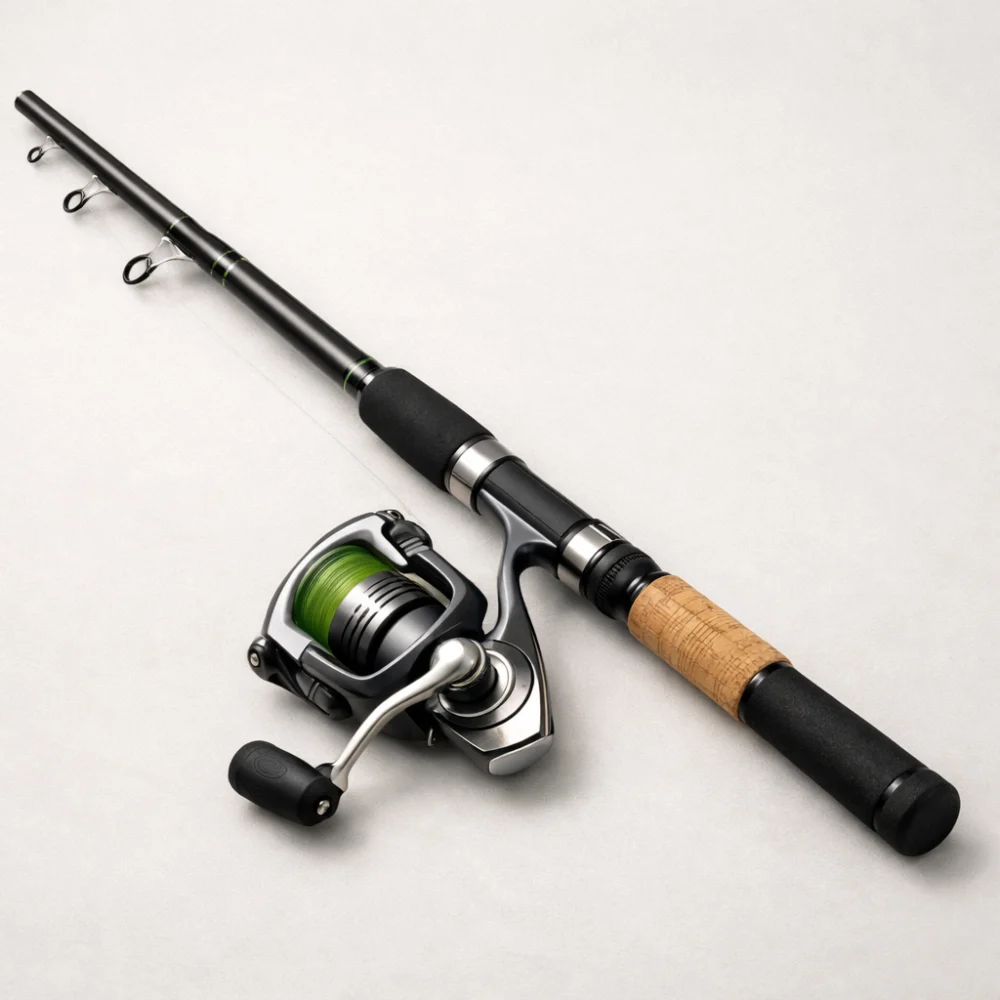 A fishing rod and reel combo laid out on a neutral background