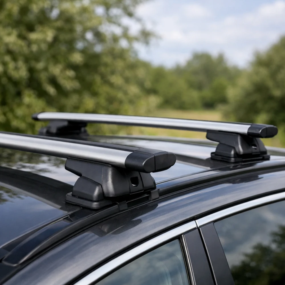 Car roof rack fitted to a vehicle roof outdoors