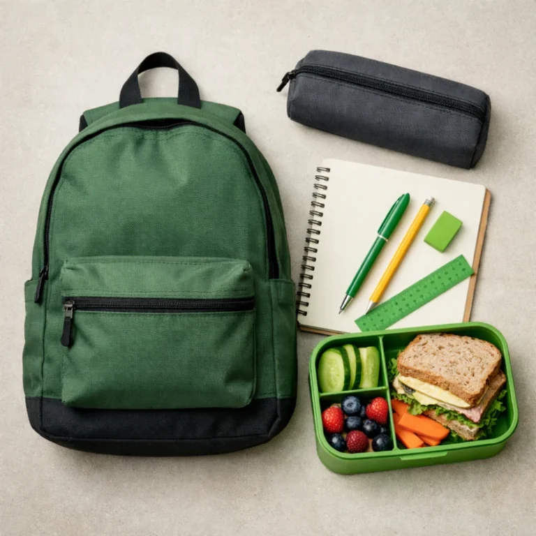 A generic school backpack with everyday school items on a neutral background.
