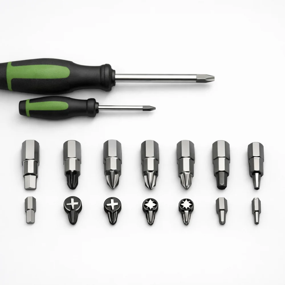 Close-up of screwdriver tips arranged to show different shapes and sizes.