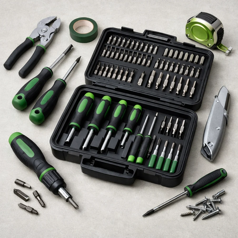 A selection of screwdrivers arranged beside an open case on a plain background.