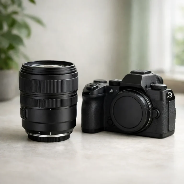 A generic camera lens beside a camera body on a neutral surface