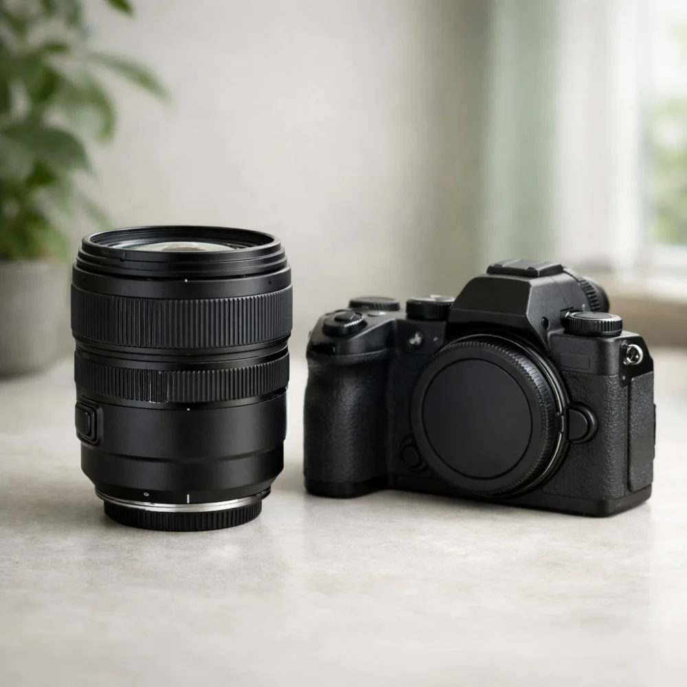 A generic camera lens beside a camera body on a neutral surface