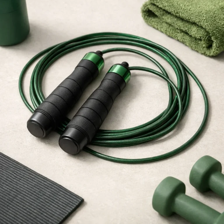 A skipping rope arranged on a plain background