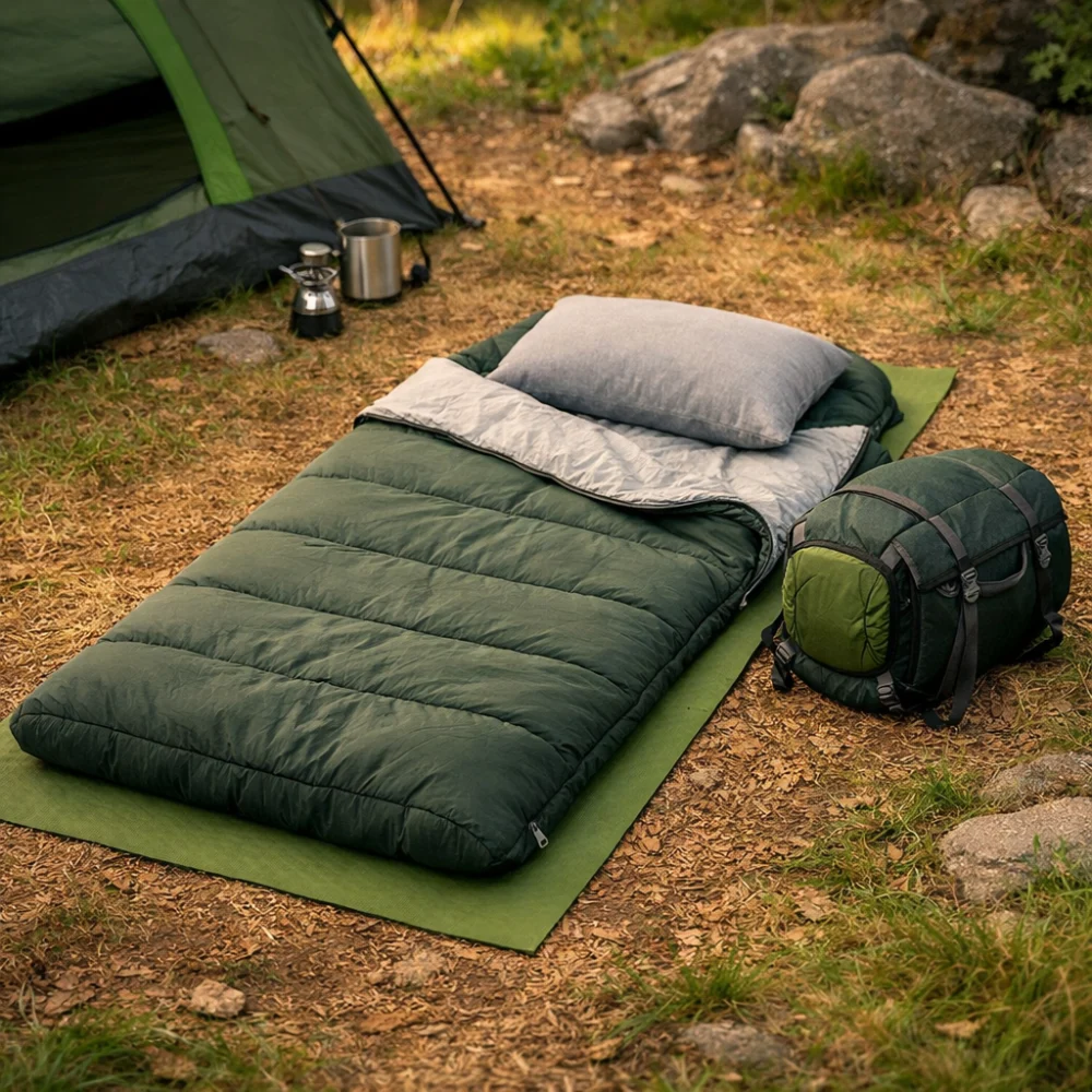 A sleeping bag laid out in a simple camping scene with a compact pack and pillow