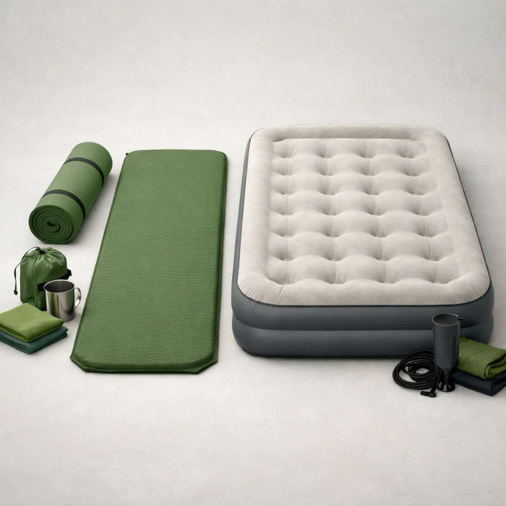 Side by side camping sleeping mat and air bed on a clean background
