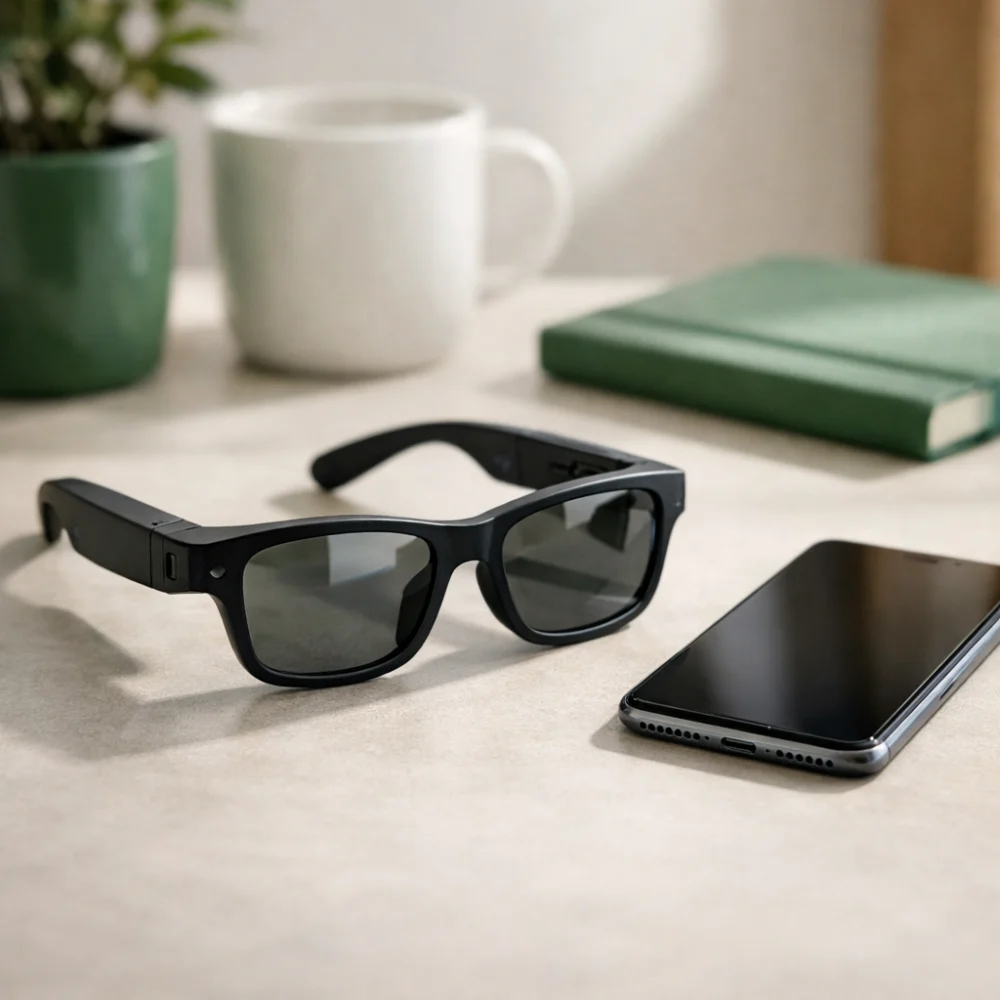 Generic smart glasses beside a phone on a neutral surface