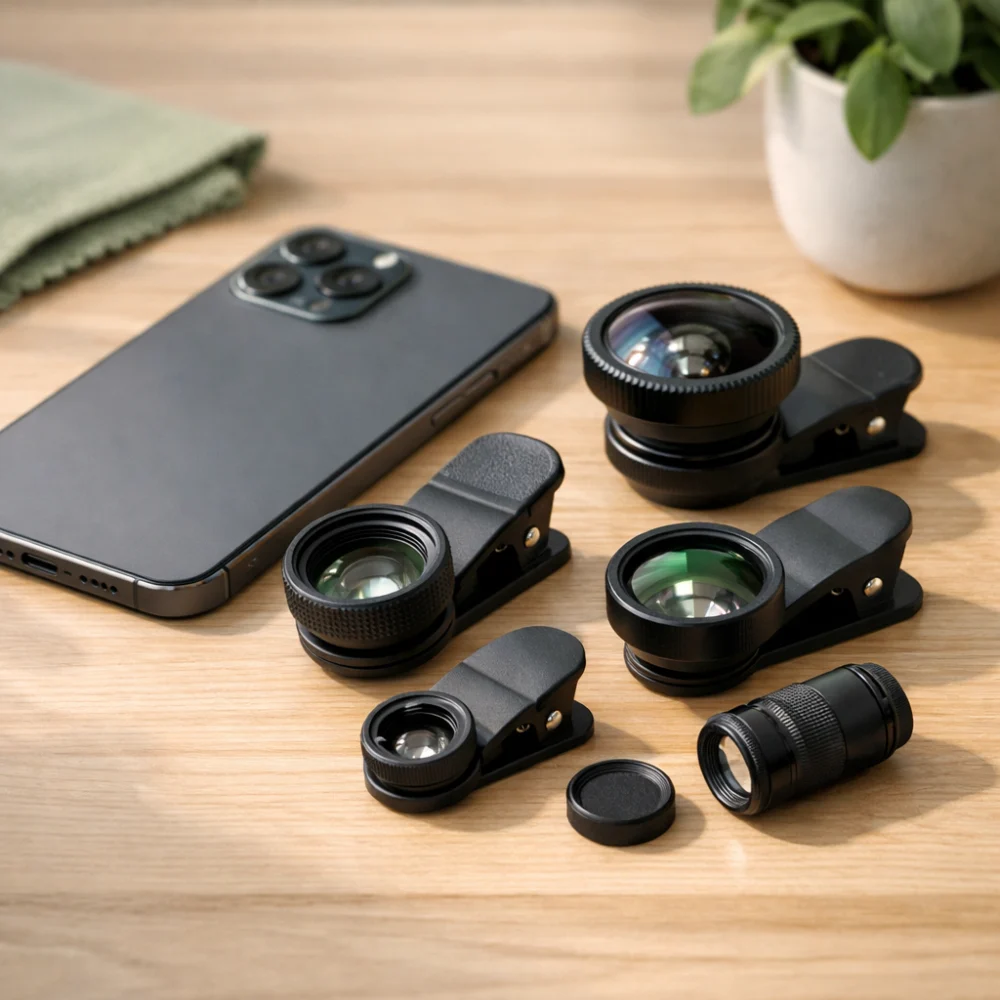 Smartphone with generic clip-on lens accessories on a plain surface