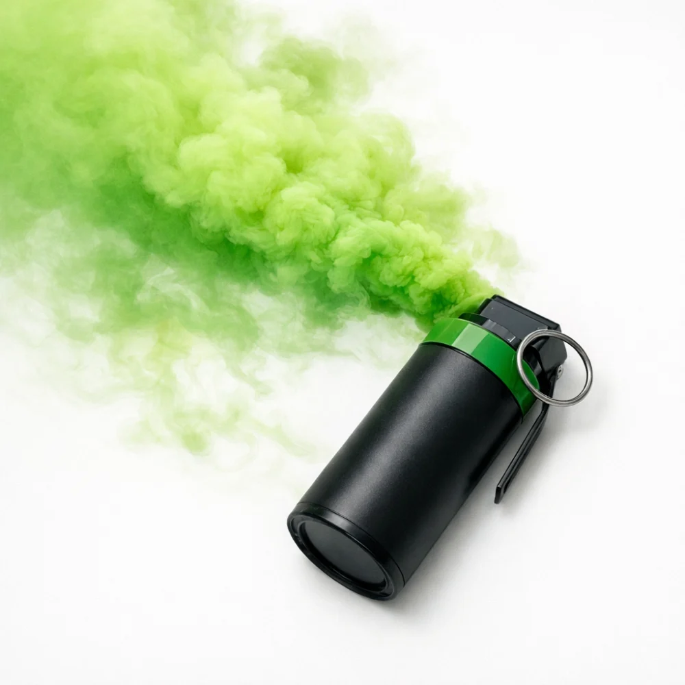 Generic smoke grenade-style product with drifting coloured smoke on a plain background