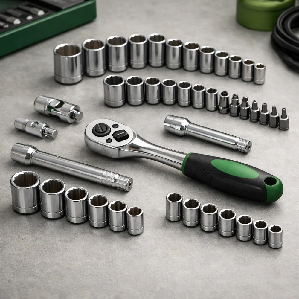 A socket set with ratchet and sockets arranged on a plain work surface