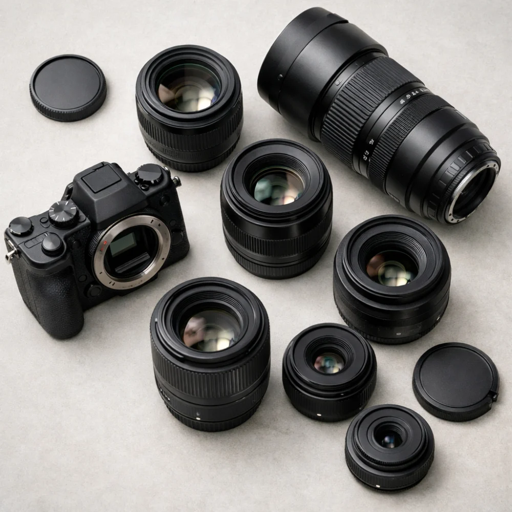 Several interchangeable camera lenses beside a mirrorless camera body on a neutral background