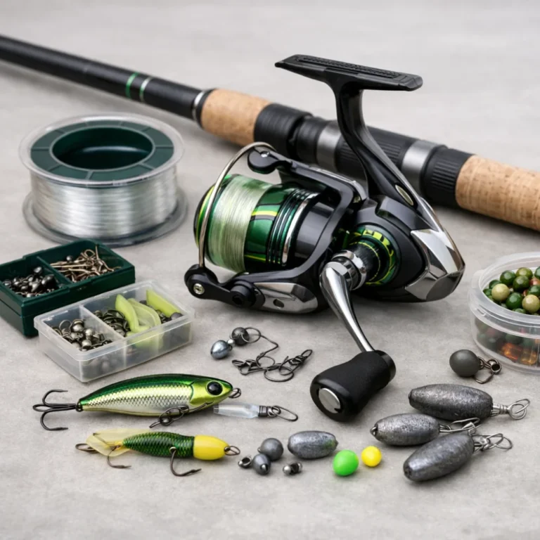 A spinning reel mounted on a fishing rod with simple tackle on a neutral background.