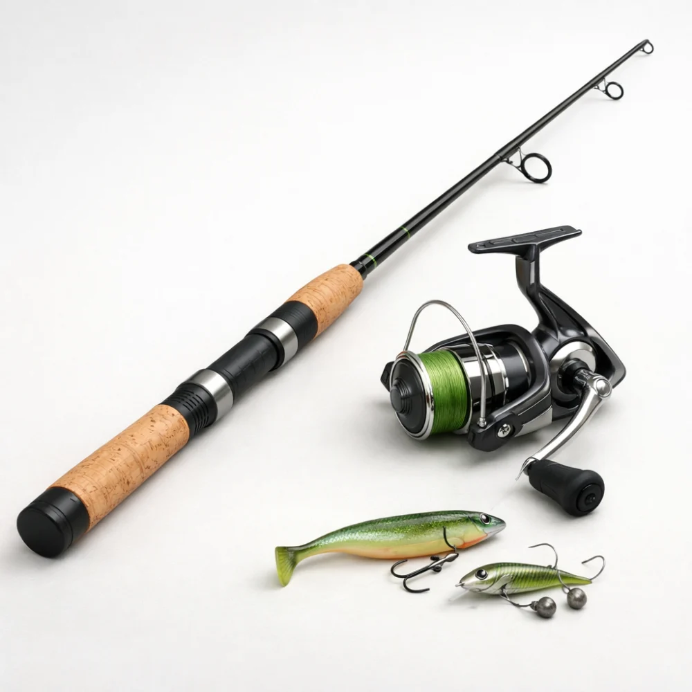 A spinning rod with a reel on a neutral background