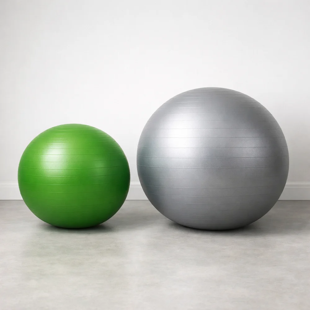 Two stability balls of different sizes side by side.