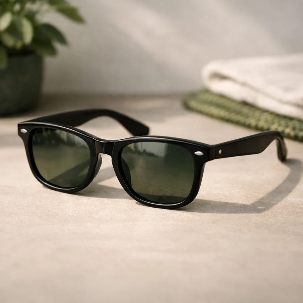 A pair of generic sunglasses on a neutral surface in soft light