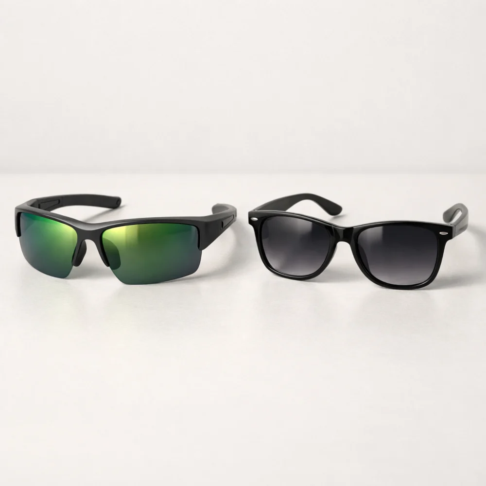 Two different sunglasses styles shown side by side on a plain background