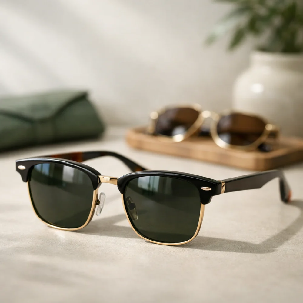 A pair of sunglasses on a neutral surface in soft daylight