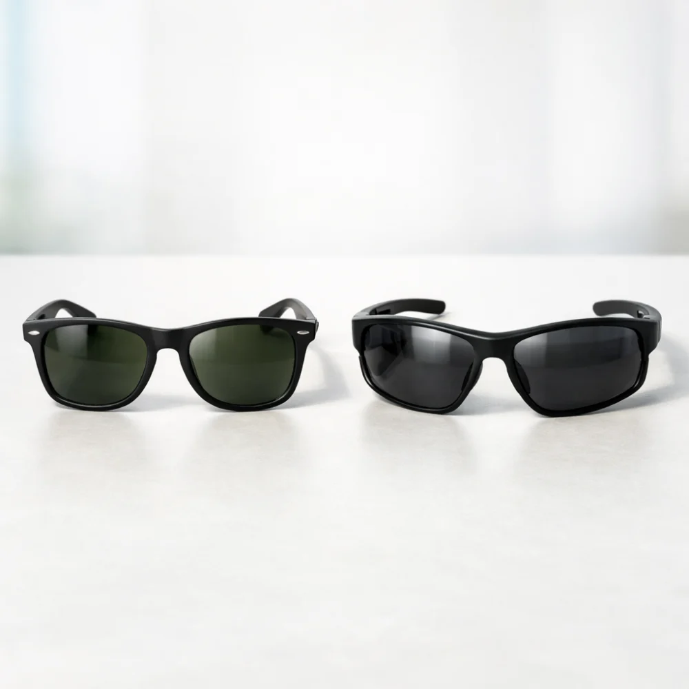 Two generic sunglasses frames with different shapes side by side